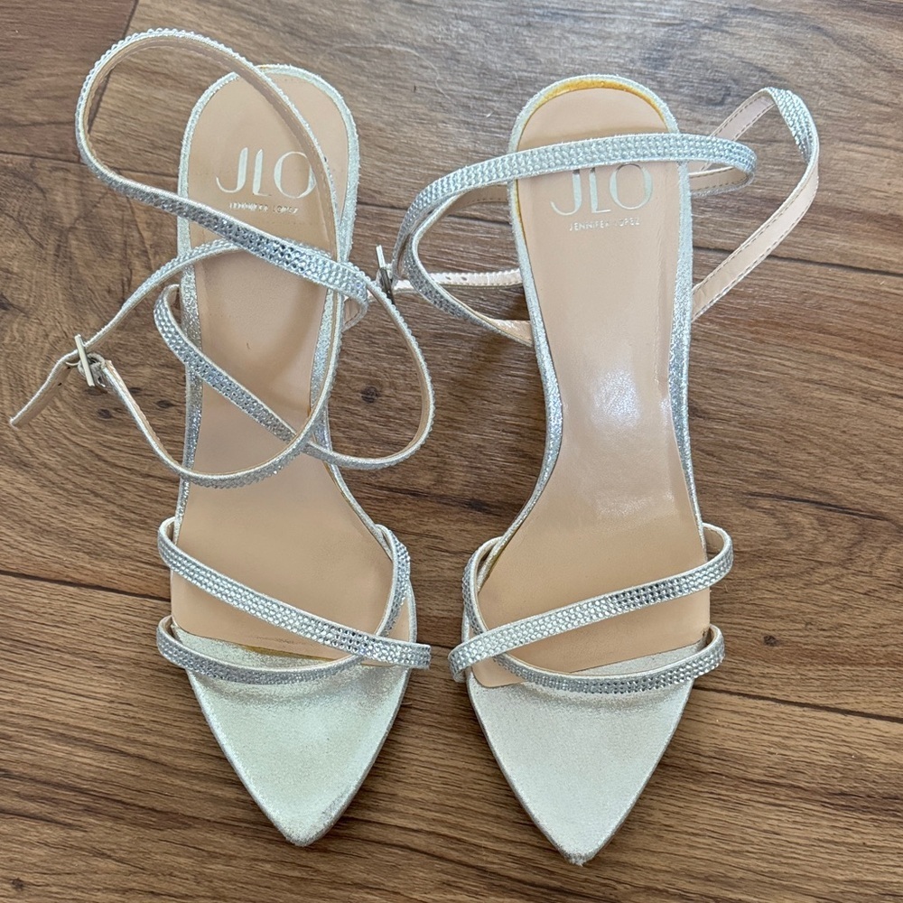 Jennifer Lopez Sparkling Silver Strappy Pointed-Toe Heels